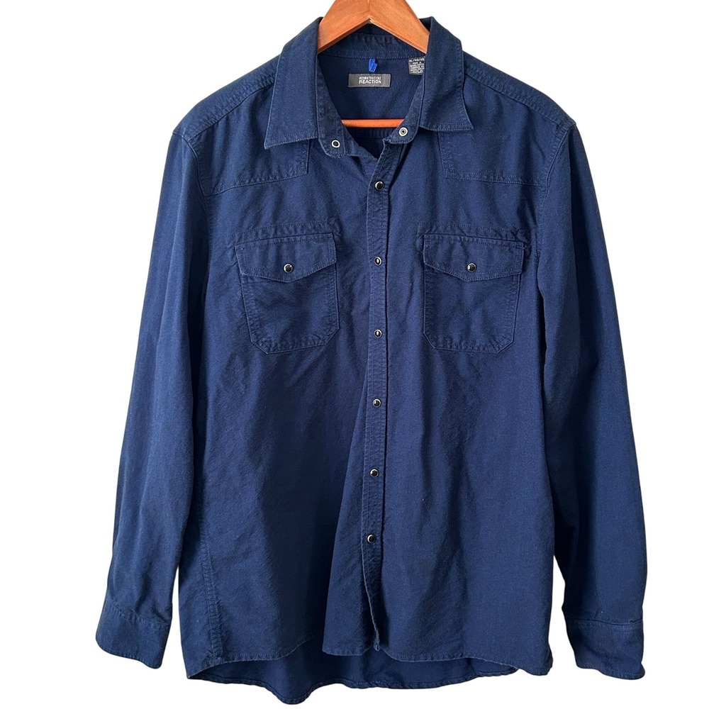 Kenneth Cole Reaction Dark Blue Snap Front Snap Pocket Heavy Shirt Men's Size XL